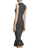 Sleeveless Striped Lotus Midi Dress, Black/Multicolor