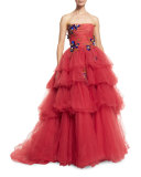 Strapless Embellished Tiered Tulle Ball Gown, Cherry