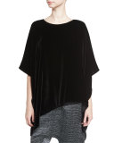 Asymmetric Velvet 3/4-Sleeve Poncho, Black, Plus Size