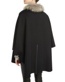 Wool-Blend Cape w/ Fox Fur Collar, Black/Navy