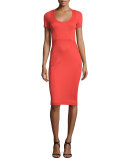 Short-Sleeve Fitted Sheath Dress, Coral