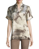Josie Short-Sleeve Abstract-Print Silk Blouse, Ecru Multi