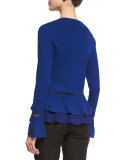 Jewel-Neck Peplum Cardigan, Prussian Blue/Caviar