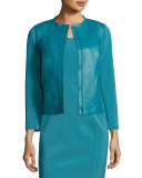 Lightweight Bracelet-Sleeve Lambskin Combo Jacket, Turquoise