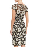 Short-Sleeve Floral Jacquard Sheath Cocktail Dress