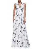 Sleeveless V-Neck Metallic-Floral Gown, Silver