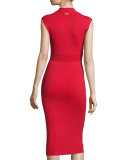 Cap-Sleeve V-Neck Midi Sheath Dress