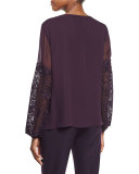 Brianna Long-Sleeve Silk Blouse w/ Lace Appliqué