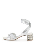 Metallic Leather Jewel-Heel Sandal, Silver (Argento)