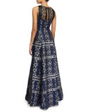 Sleeveless Lace-Yoke Ball Gown, Navy