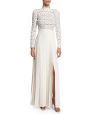 Long-Sleeve Lace & Crepe Dress, Off White