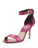 Suri Snakeskin Ankle-Wrap Sandal, Fuchsia