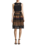 Paisley Tiered-Lace Sleeveless Dress, Black/Gold