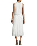 Pleated Chiffon Lace-Inset Dress, Chalk