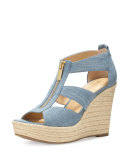 Damita Zip-Front Wedge Espadrille Sandal, Washed Denim