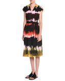 Cap-Sleeve Paint-Striped Shirtdress, Multi Colors