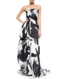 Strapless Haiku Brushstroke Hand-Draped Gown, Black/White