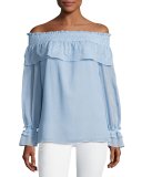 Louella Ruffled Off-the-Shoulder Blouse, Blue