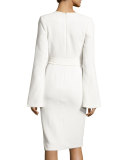 Crepe Long-Sleeve Belted Dress, White