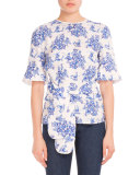 Delft-Print Tie-Front Tee, Ivory/Blue