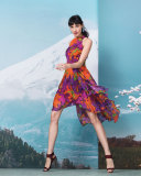 Sleeveless Floral-Print Silk Dress, Violet