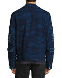 Distressed Camo Moto Jacket, Indigo