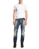 Distressed Side-Stripe Military Denim Jeans, Blue