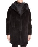 Rowlands Fox-Collar Long Coat, Caviar Black