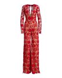 Long-Sleeve Plunging Lace Jumpsuit, Red