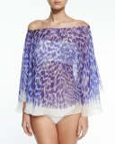 Panama Brushstroke-Print Silk Chiffon Coverup, Cobalt