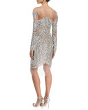 Crystal and Sequins Long-Sleeve Cocktail Dress, Silver