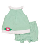 Sleeveless Smocked Gingham Seersucker Dress w/ Bloomers, Green, Size 3-24 Months