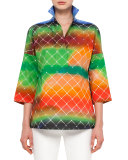 3/4-Sleeve Baseball-Net Print Blouse, Multi Colors