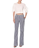 Striped Straight-Leg Cotton Pants, White/Blue