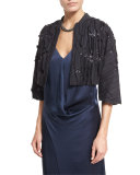Pleated 3/4-Sleeve Cropped Bolero, Gray