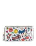 All Over Wink Sticker Large Zip-Around Wallet, Silver/Multi