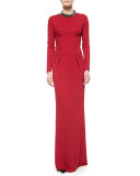 Long-Sleeve Crystal-Collar Gown, Dark Tivoli Red