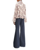 Long-Sleeve Plissé Paisley Chiffon Top, Winter White