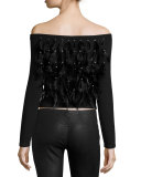 Cropped Feather Fringe Off-the-Shoulder Sweater, Black