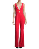 Kyara Plunge-Neck Tuxedo Jumpsuit, Scandal Red
