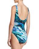 Aquatic-Print Knot-Front Underwire One-Piece Swimsuit