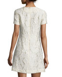 Short-Sleeve Matelasse A-Line Dress, Ivory