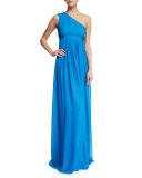 Ophelia Ruched Silk One-Shoulder Gown, Atlantis Blue
