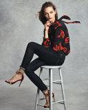 Floral Silk Satin Tie-Neck Blouse, Black/Red