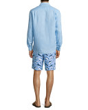Okoa Shark-Print Swim Trunks, Blue