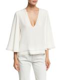 V-Neck Flutter-Sleeve Silk Blouse, White