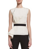 Draped Belted Sleeveless Blouse, Ecru