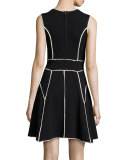 Contrast-Seam Fit-and-Flare Dress, Black/Ivory