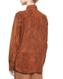 Long-Sleeve Suede Button-Front Shirt, Dark Orange