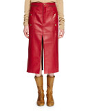 Leather Slit-Front Midi Skirt, Red